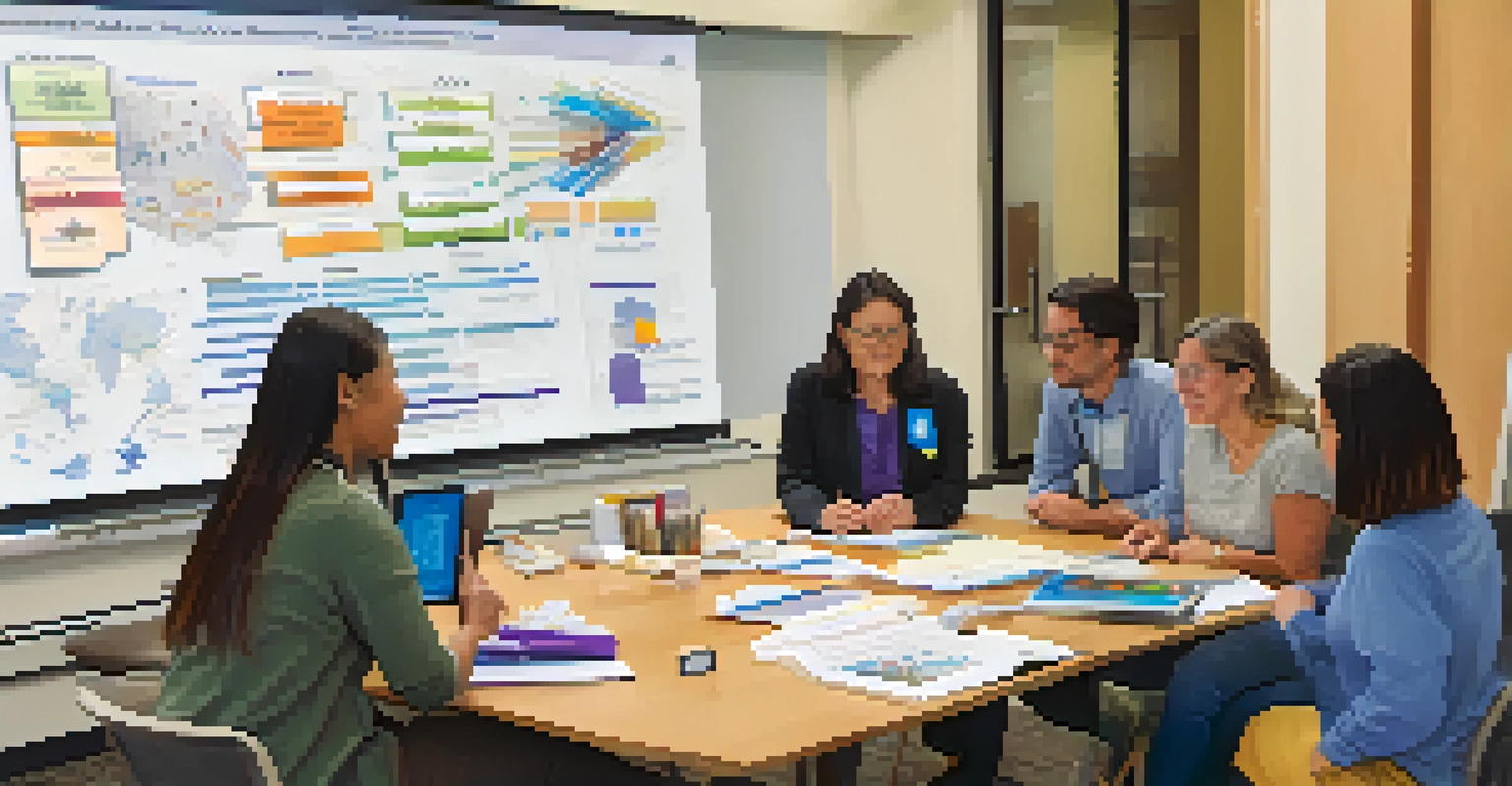A group of educators discussing research materials at a table, highlighting collaboration and innovation.