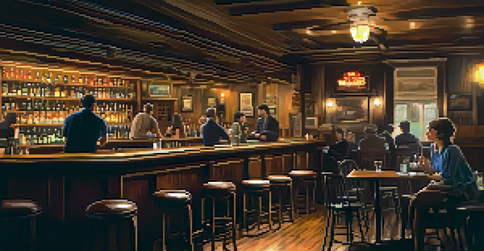 A cozy bar with a solo guitarist performing, warm lighting, rustic furniture, and an engaged audience.