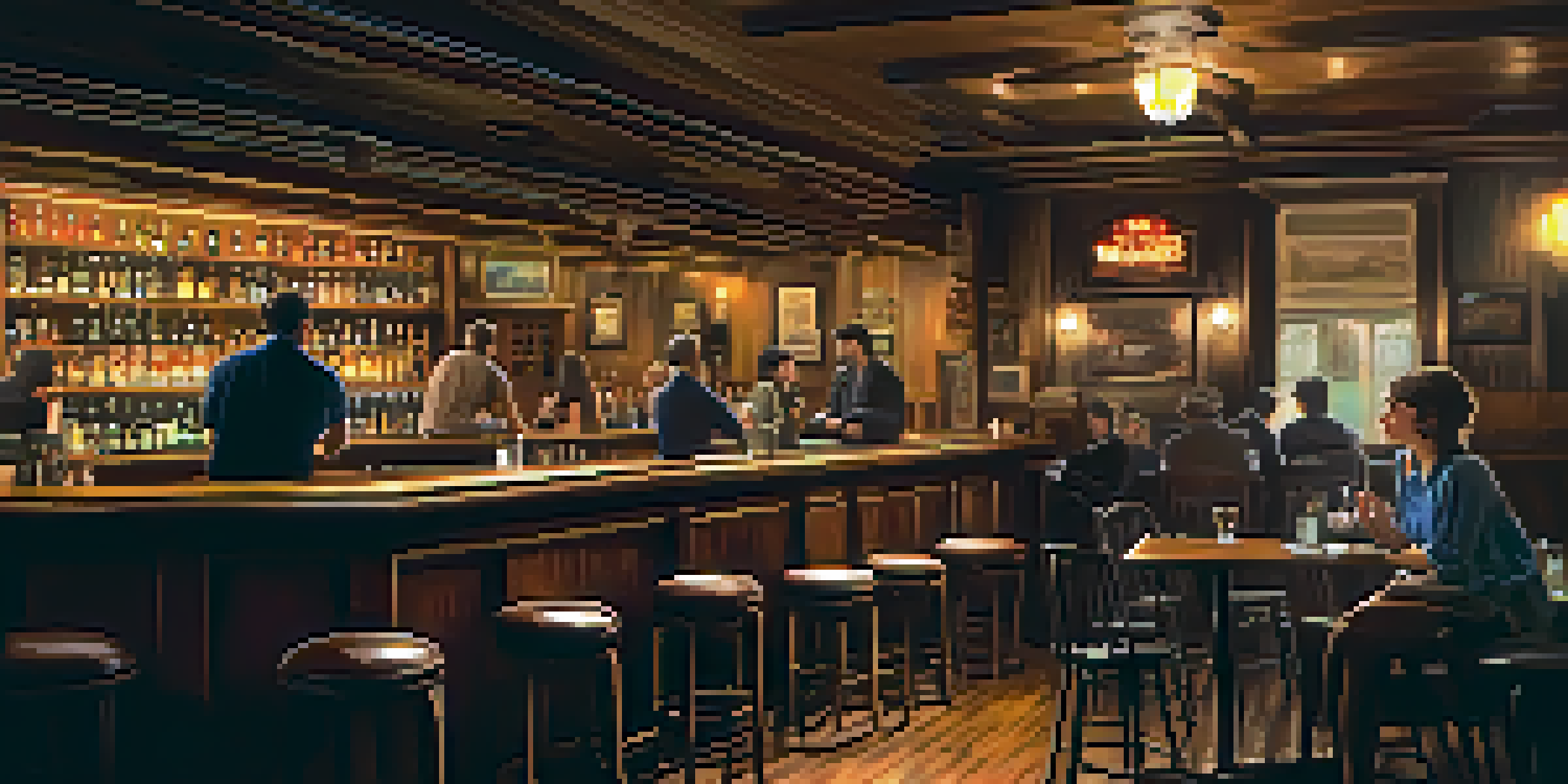 A cozy bar with a solo guitarist performing, warm lighting, rustic furniture, and an engaged audience.