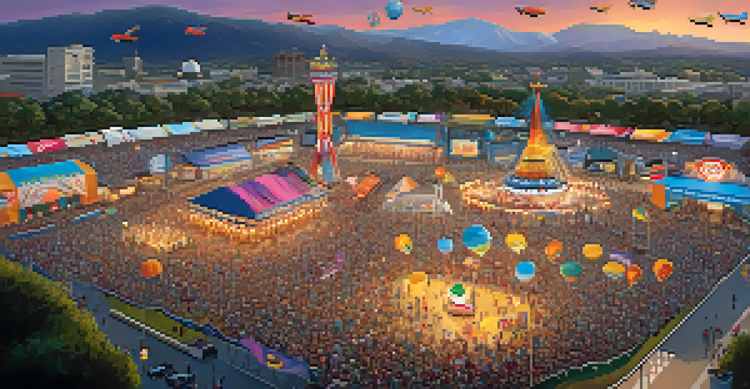 An aerial view of a large public event in San Jose with drones monitoring the crowd and people enjoying festivities.