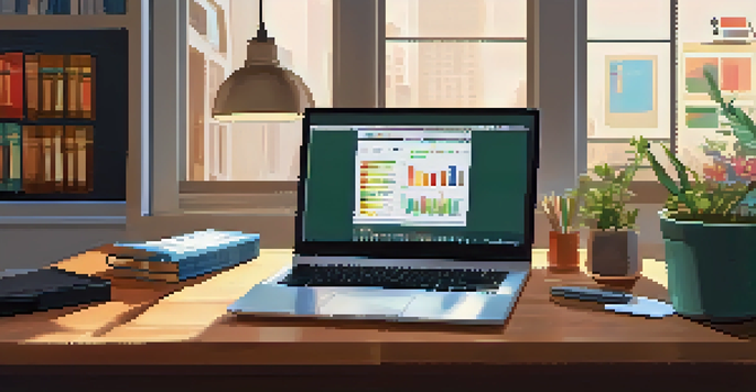 A home office with a wooden desk, a laptop displaying financial literacy resources, and warm light from a window.