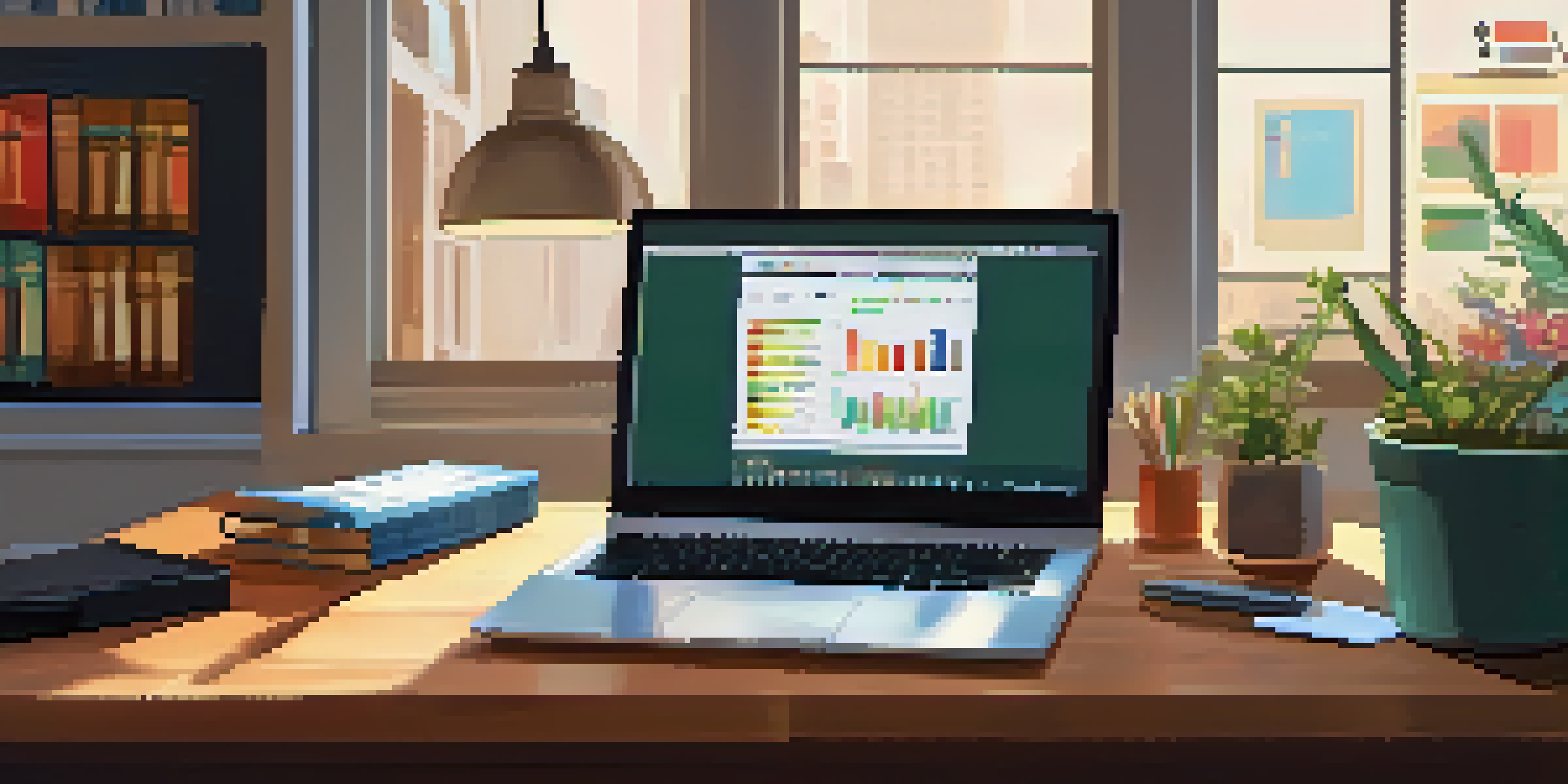 A home office with a wooden desk, a laptop displaying financial literacy resources, and warm light from a window.