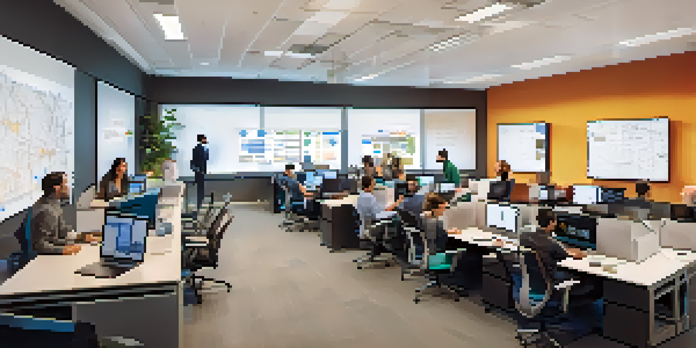 A diverse group of professionals working together in a modern tech office, focused on cybersecurity projects with screens and whiteboards around them.