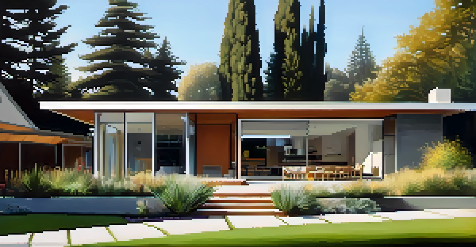 A modern energy-efficient home in San Jose with large windows and a lush garden under warm afternoon light.