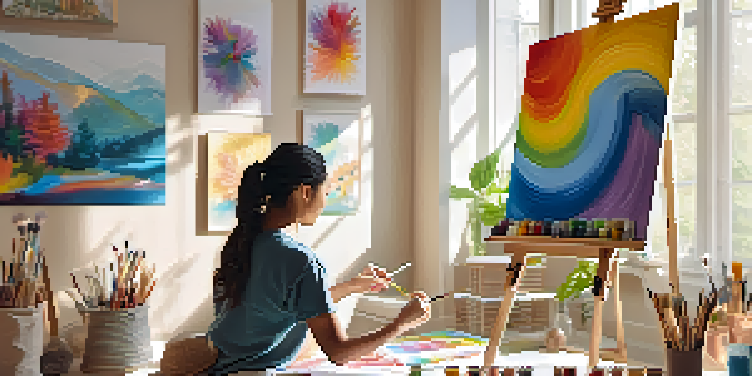 A person engaged in art therapy, painting in a sunny room filled with art supplies and colorful artwork.