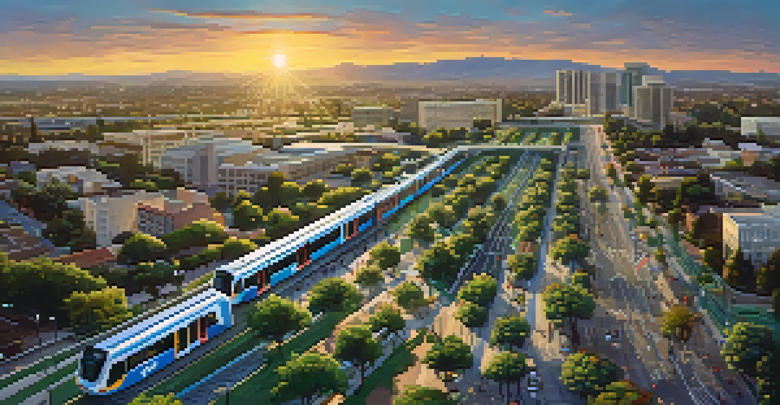 Aerial view of San Jose highlighting light rail lines, bus routes, and bike lanes against a sunset backdrop.