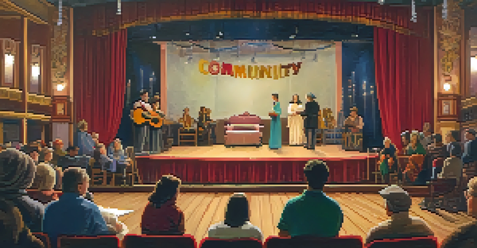 A community theater with a small audience watching local actors rehearsing on a modest stage decorated with handmade elements.