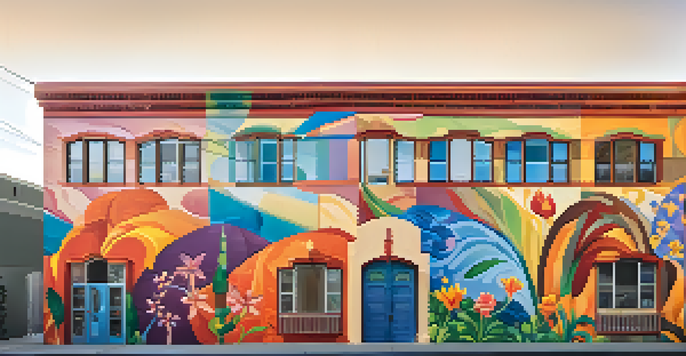 A colorful mural on a building showcasing various elements representing the diverse communities of San Jose, illuminated by sunlight.