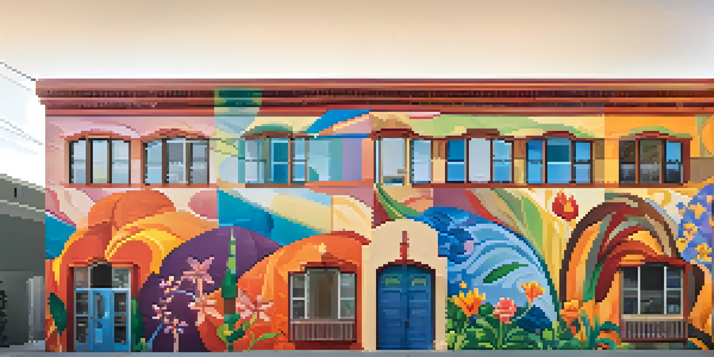 A colorful mural on a building showcasing various elements representing the diverse communities of San Jose, illuminated by sunlight.