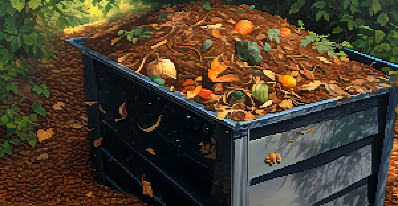 A close-up view of a compost bin filled with organic materials, highlighting the rich texture and earthy colors of the compost.