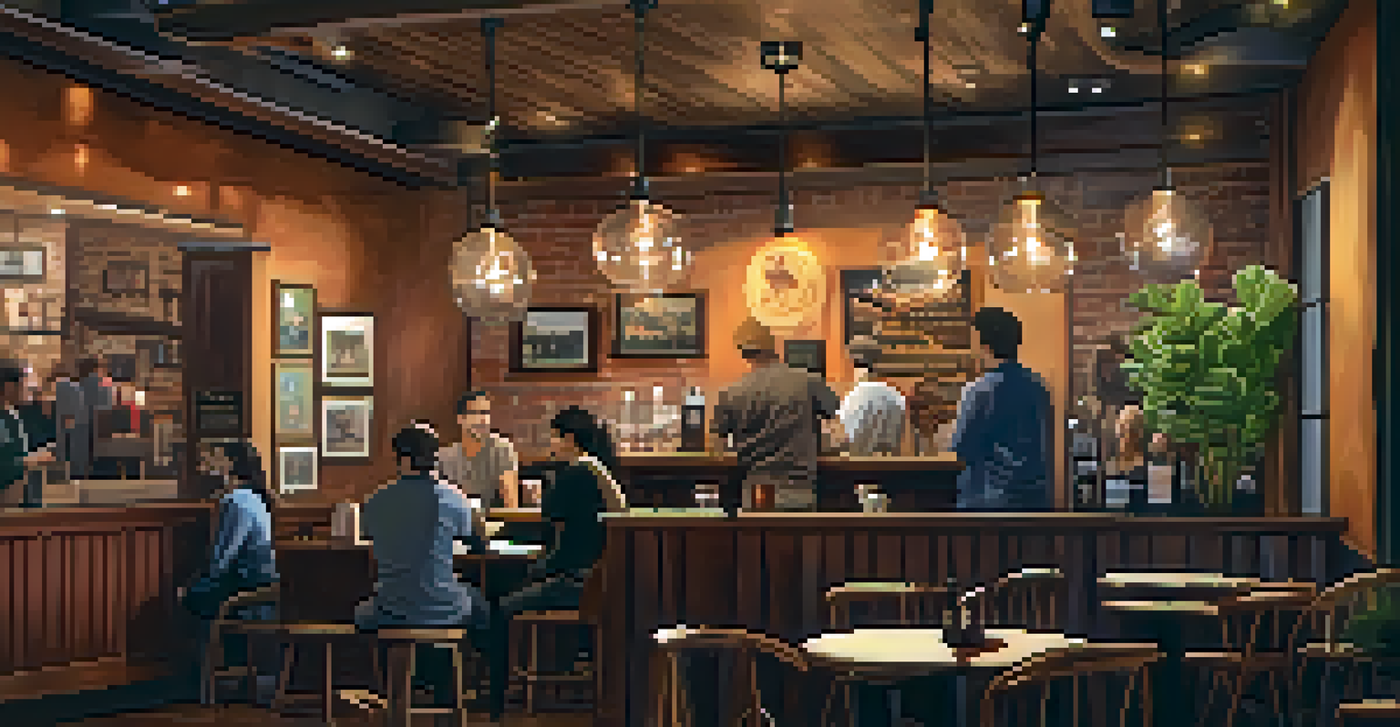 A cozy coffee shop featuring a local musician performing, with patrons enjoying the atmosphere and local artwork on the walls.