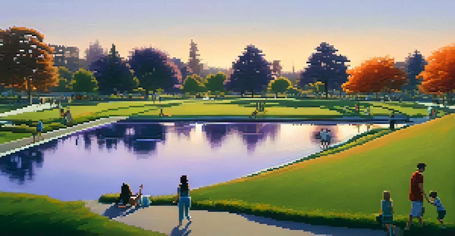 A peaceful park in San Jose at sunset, with people picnicking and jogging around a pond, surrounded by vibrant trees and colorful skies.