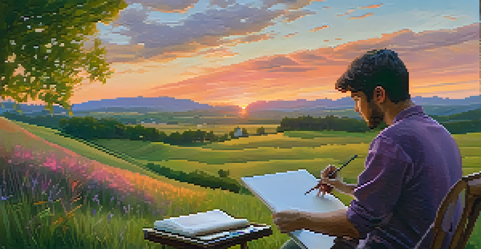 An artist sketching a serene rural landscape at sunset, surrounded by vibrant colors in the sky and lush greenery.