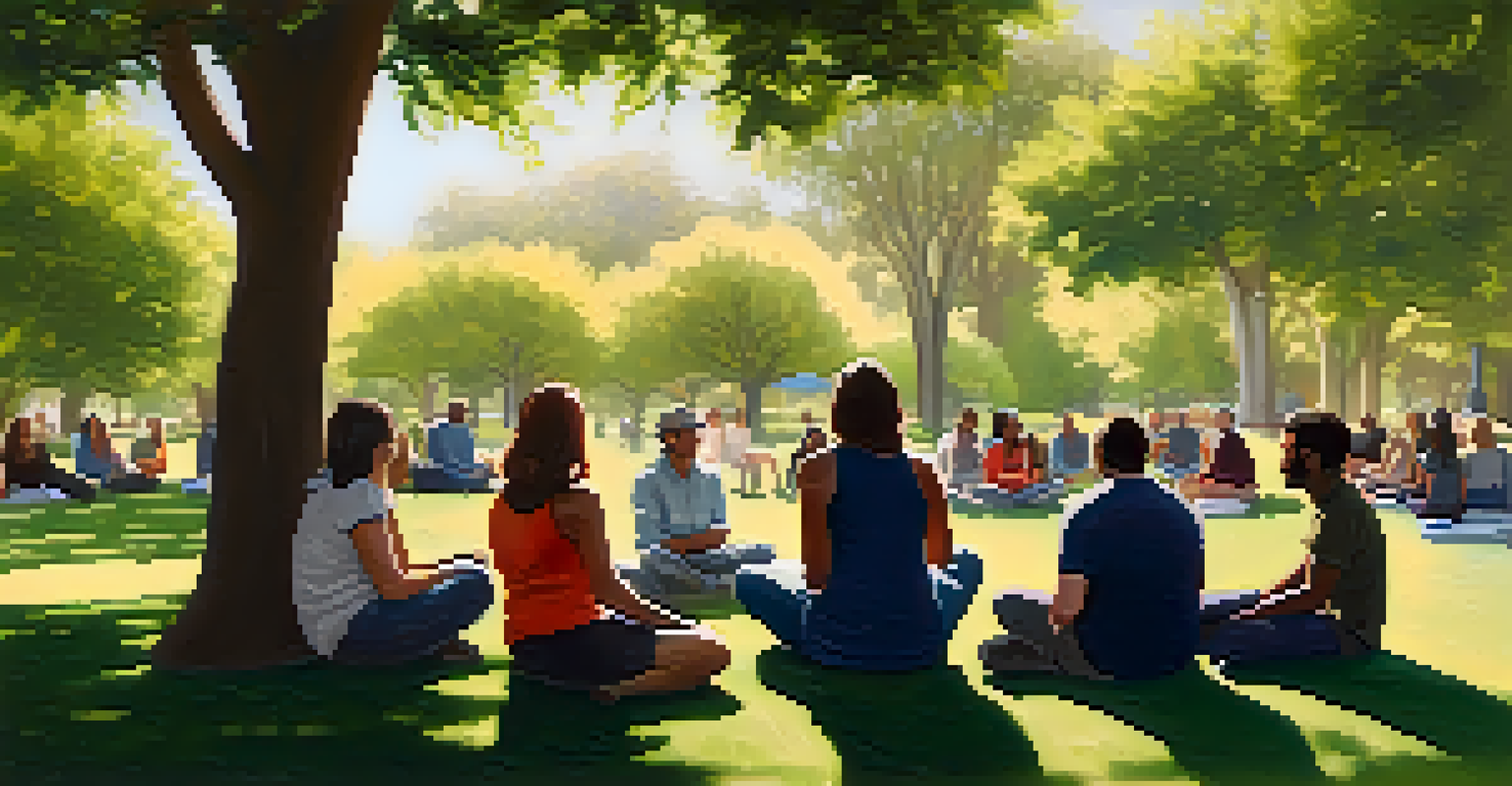 A peaceful park scene in San Jose with community members engaged in a mental health support group surrounded by nature.