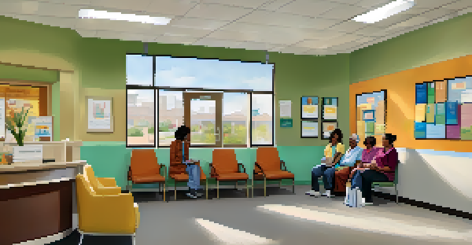 A diverse group of patients waiting in a brightly lit community health clinic with colorful artwork and a friendly receptionist.