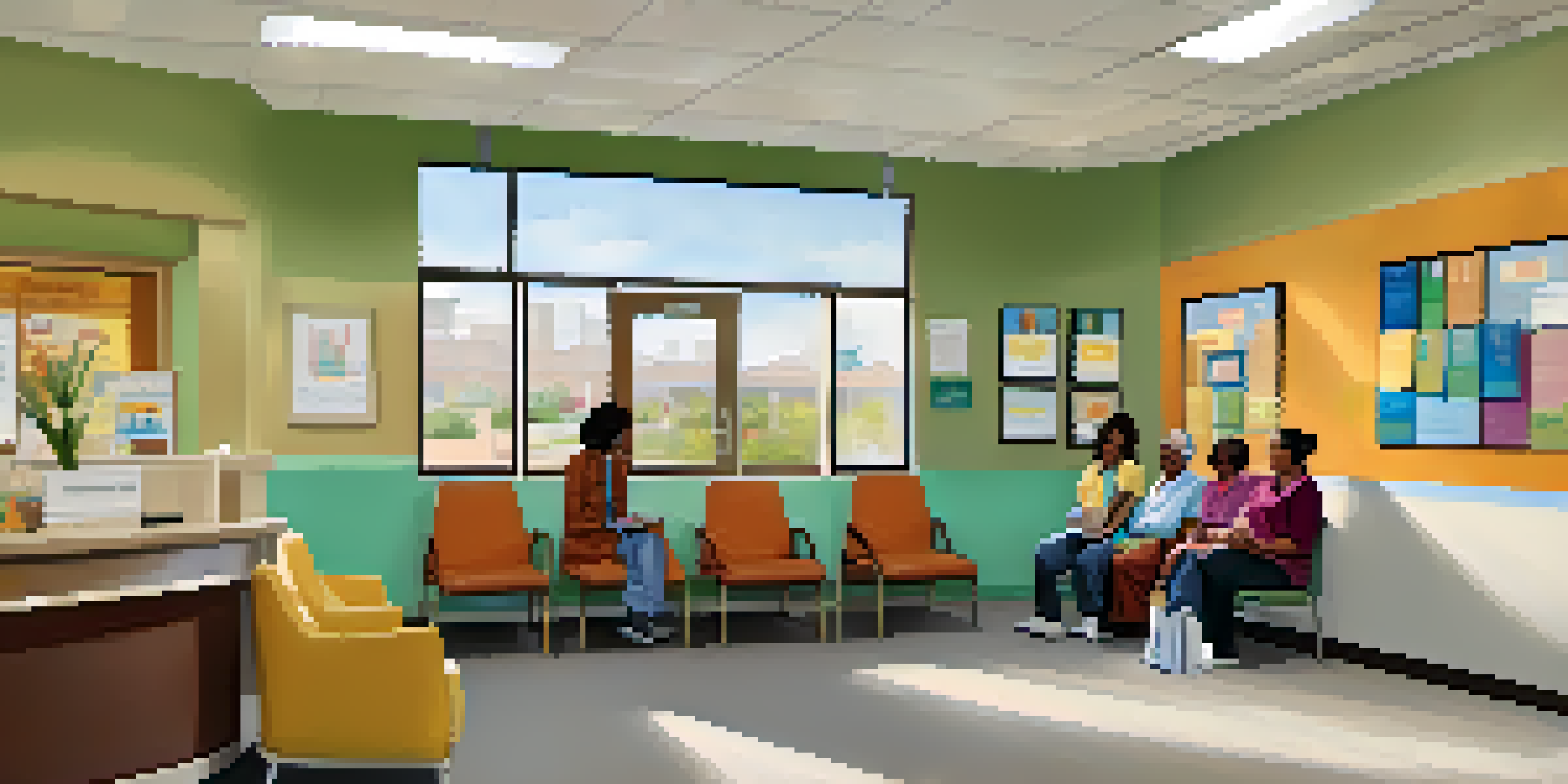 A diverse group of patients waiting in a brightly lit community health clinic with colorful artwork and a friendly receptionist.