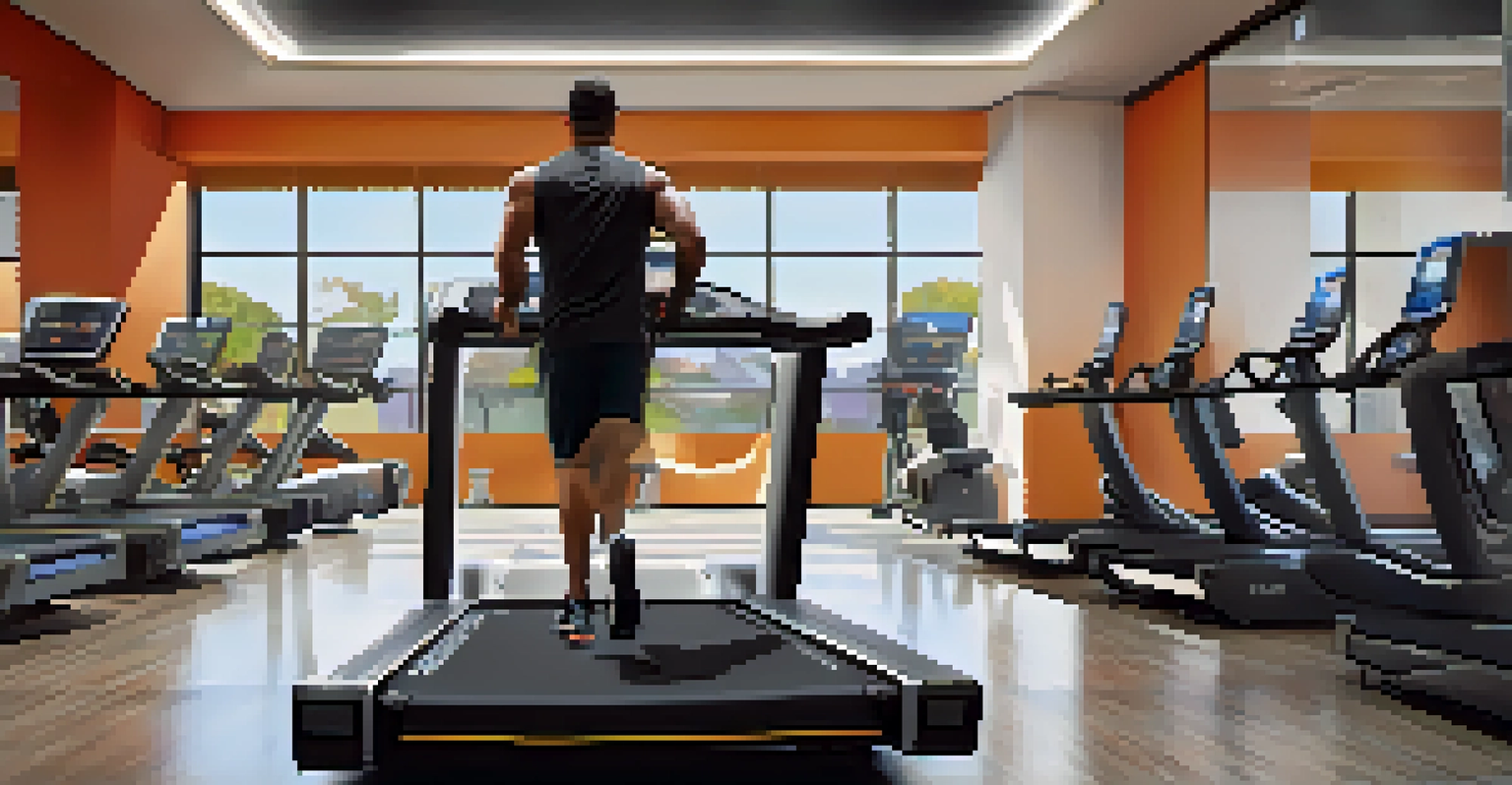 A person exercising on a high-tech treadmill in a modern gym, with screens displaying workout data and a motivating ambiance.
