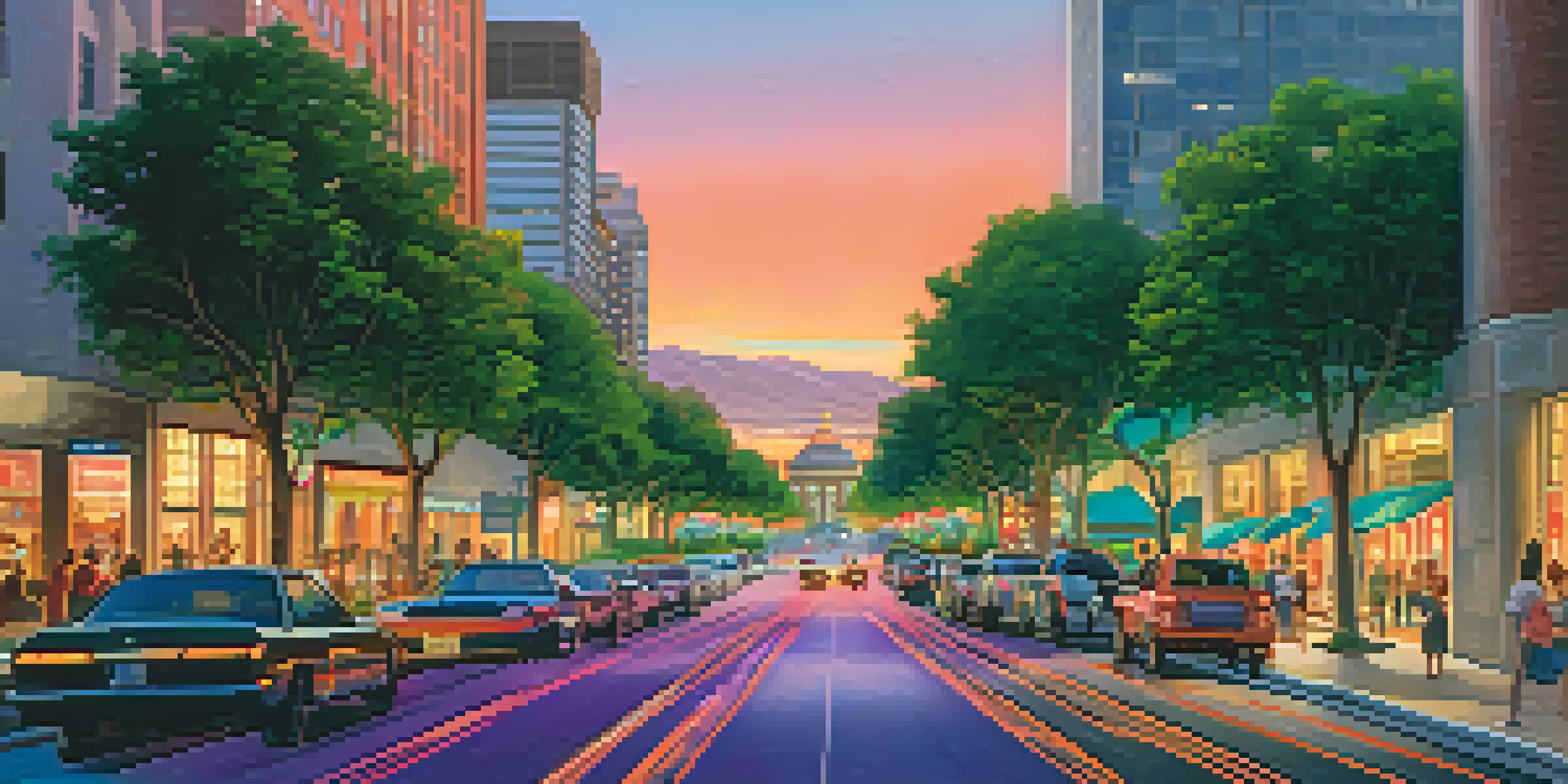 A colorful sunset over the city skyline of San Jose, with modern buildings and historic architecture, bustling streets, and vibrant greenery.