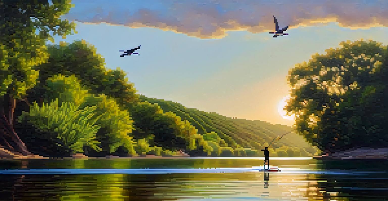 A serene paddleboarding scene on the Guadalupe River, with lush greenery and a sunset in the background.