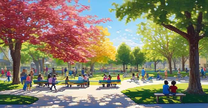 A lively community park with families enjoying various activities, surrounded by greenery and colorful flowers.