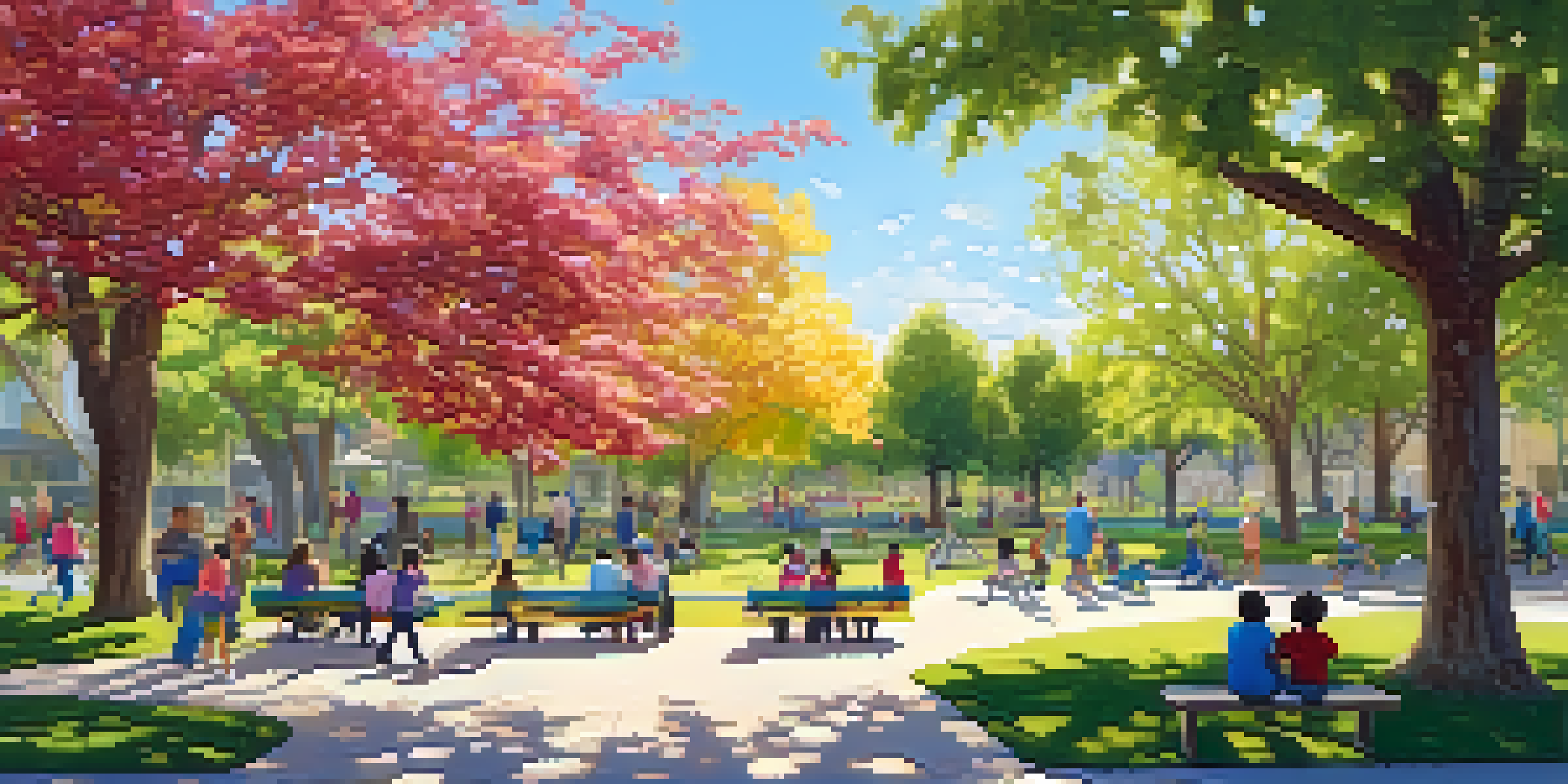 A lively community park with families enjoying various activities, surrounded by greenery and colorful flowers.