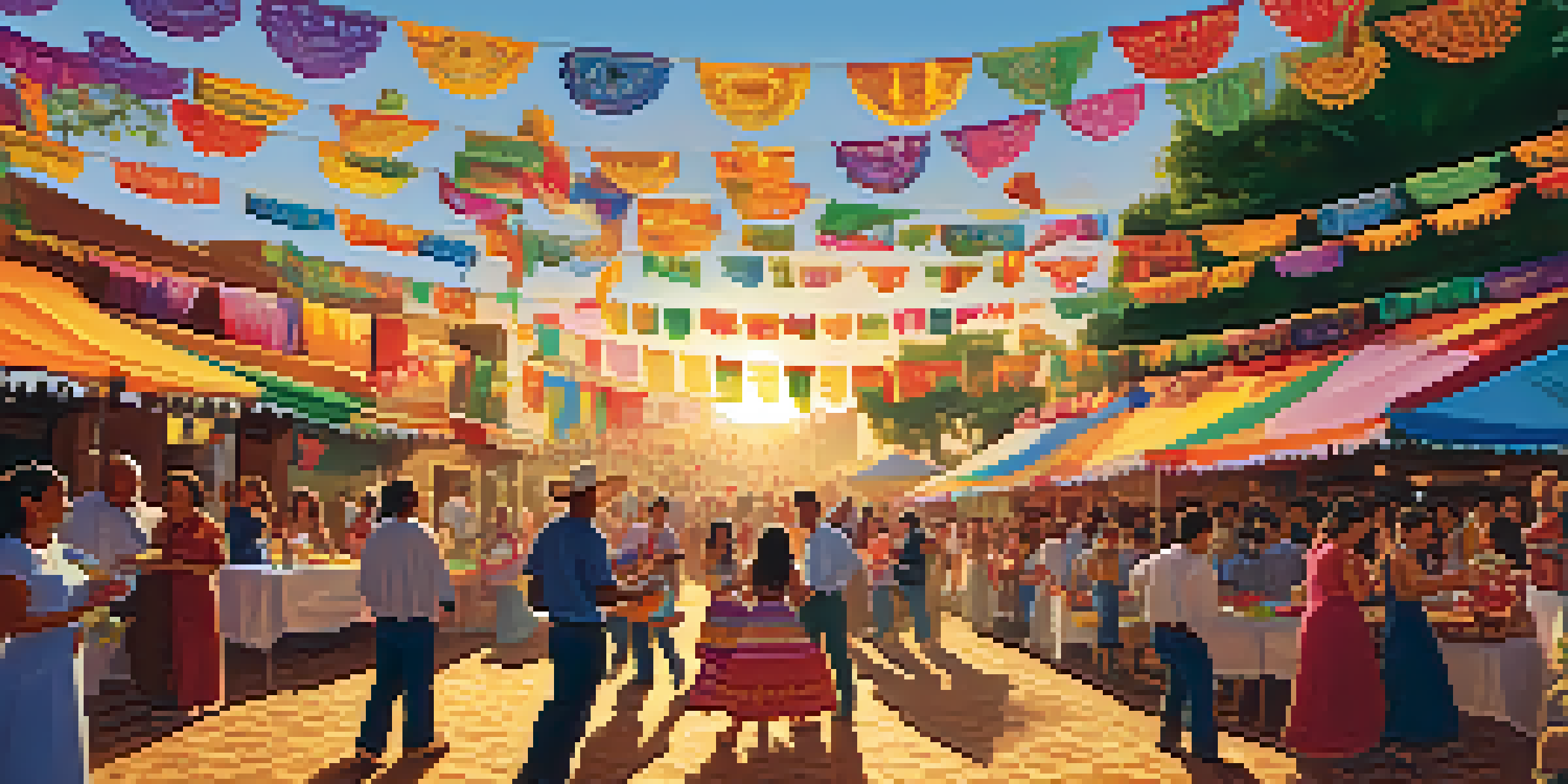 A lively celebration at the San Jose Mexican Fiesta with colorful decorations, families enjoying food, and musicians performing.