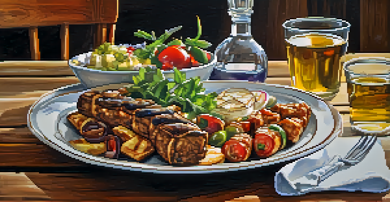 A beautifully arranged plate of traditional Greek food featuring souvlaki, moussaka, and Greek salad on a rustic wooden table with warm lighting.