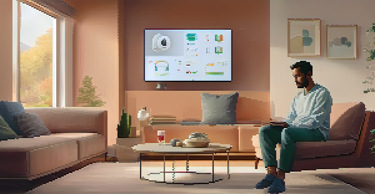 A patient wearing a health monitoring device in a modern living room, showing health metrics on a screen.