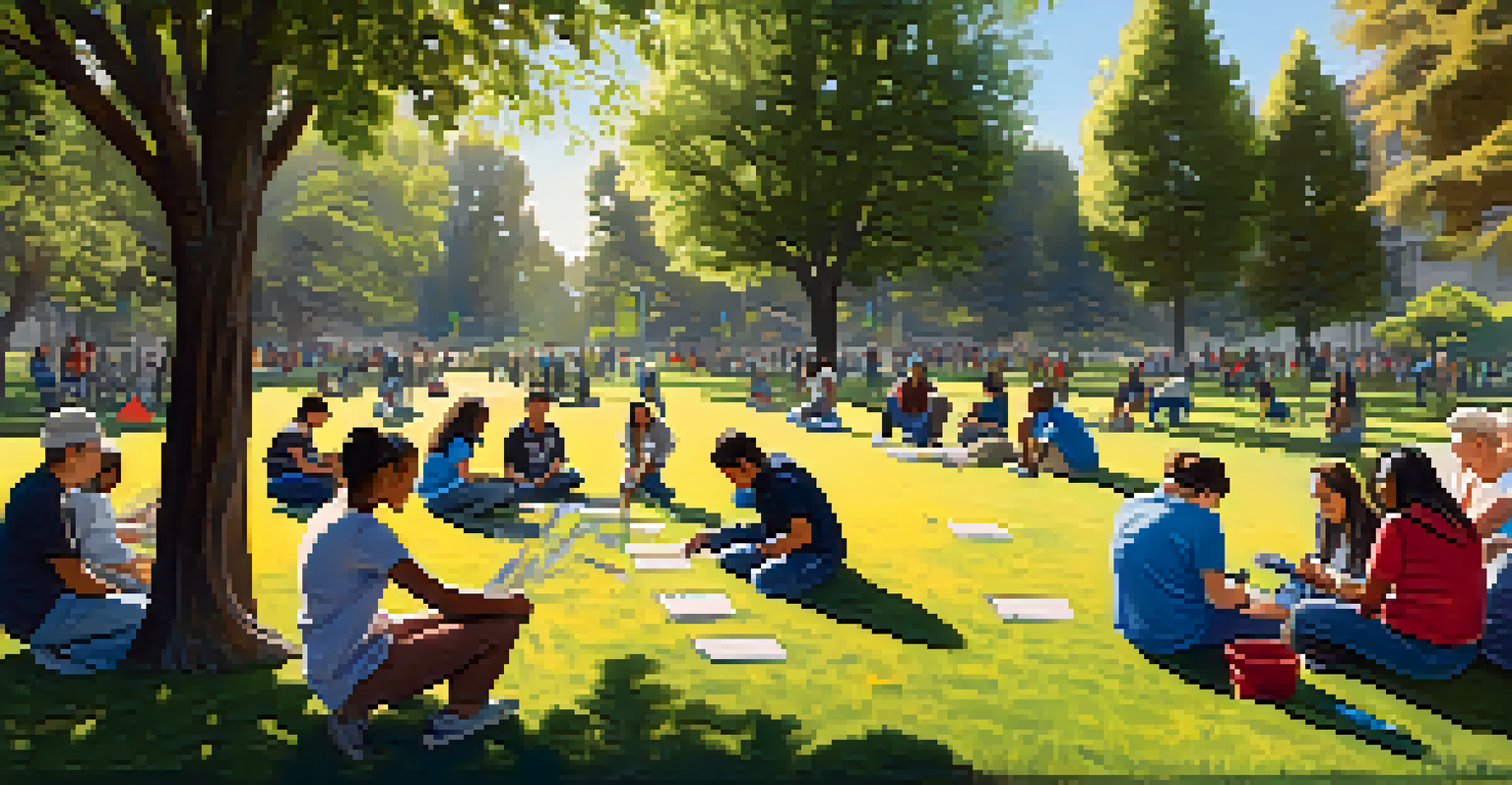 A diverse group of people planting trees in a park, highlighting community engagement in environmental efforts.