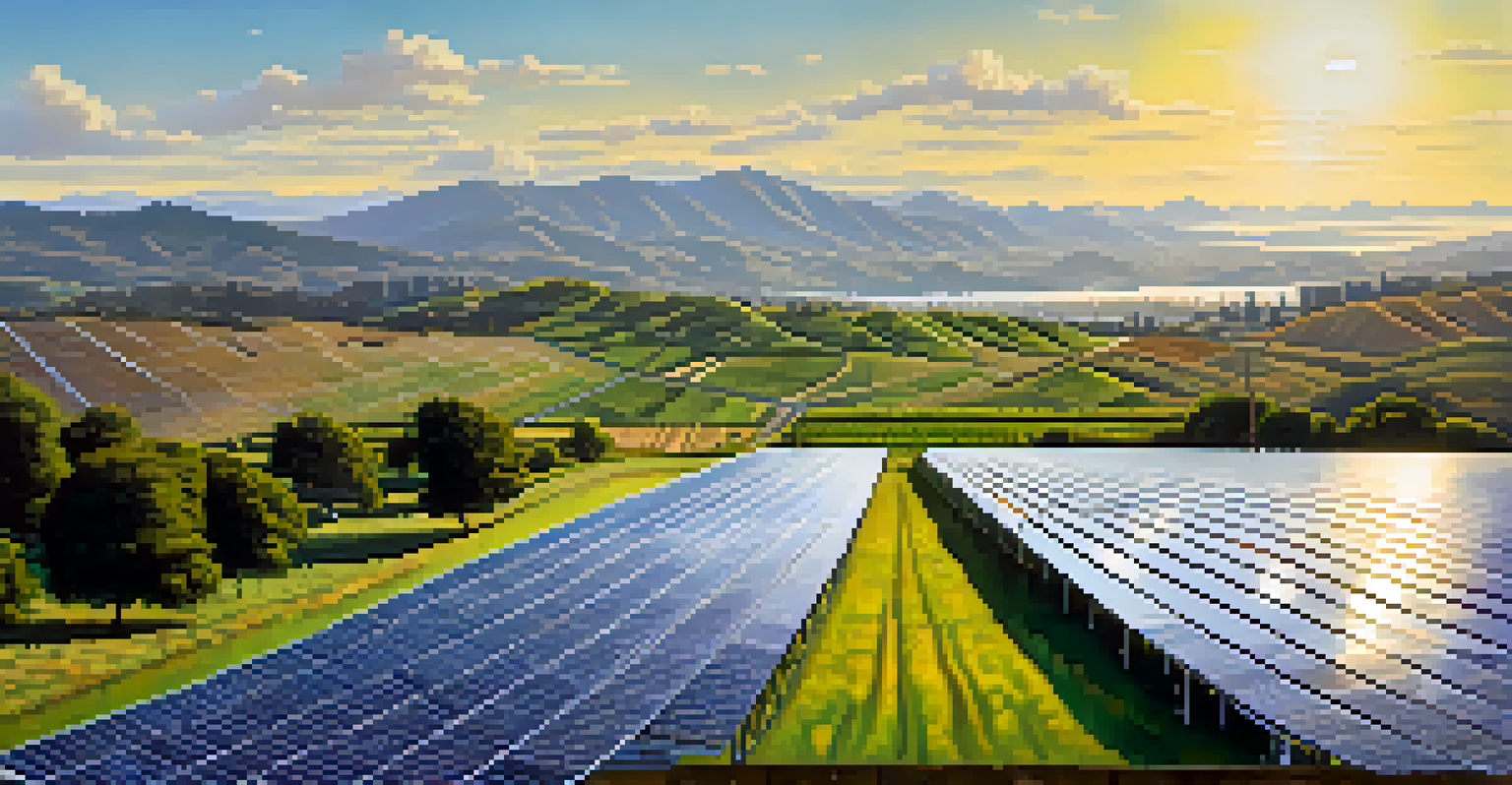 A solar energy farm with solar panels and the San Jose skyline in the background, under a clear blue sky.