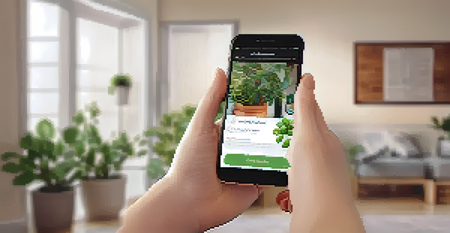 A close-up of a hand holding a smartphone displaying a health clinic app. The background is a cozy living room with soft lighting and greenery.