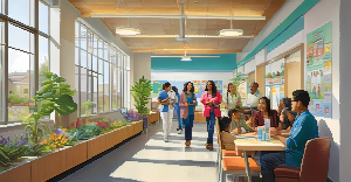 A lively community health clinic with immigrant families interacting with bilingual healthcare personnel in a bright and colorful environment.