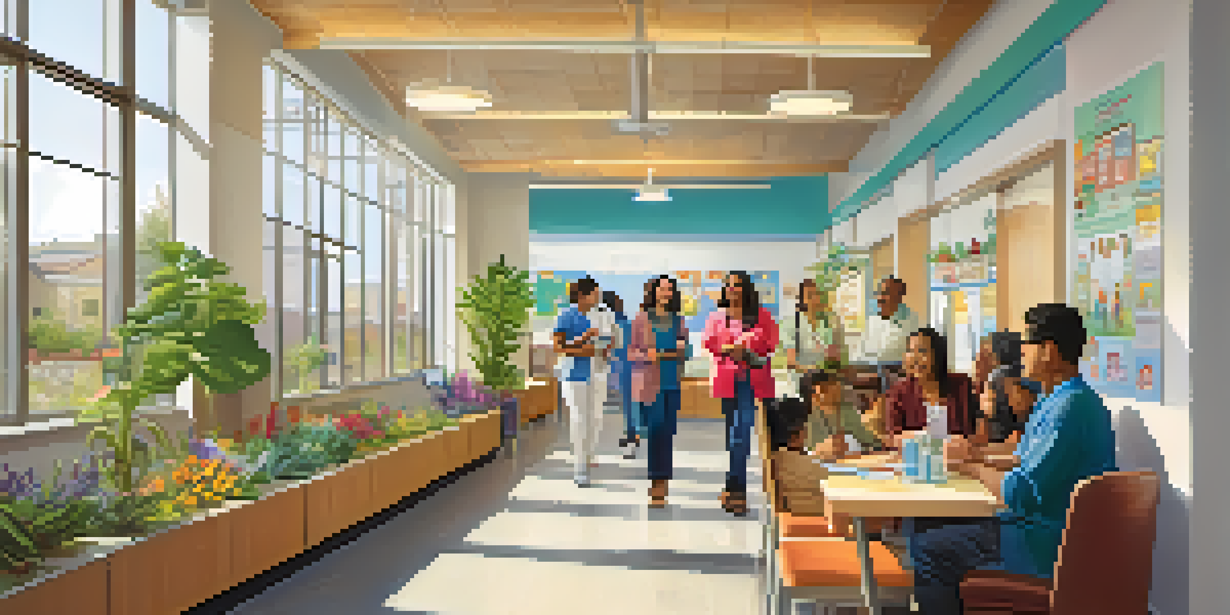 A lively community health clinic with immigrant families interacting with bilingual healthcare personnel in a bright and colorful environment.