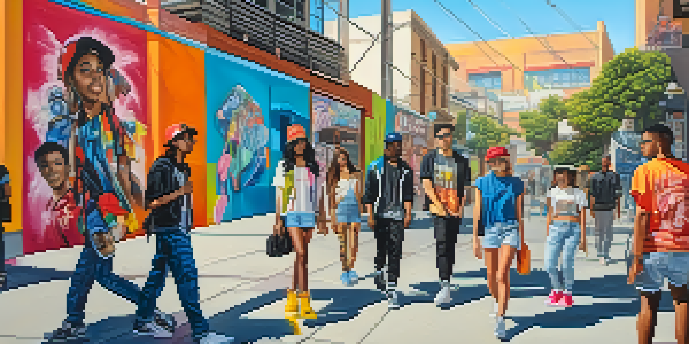 A diverse group of young people in stylish streetwear poses in an urban setting with graffiti and colorful murals in San Jose.