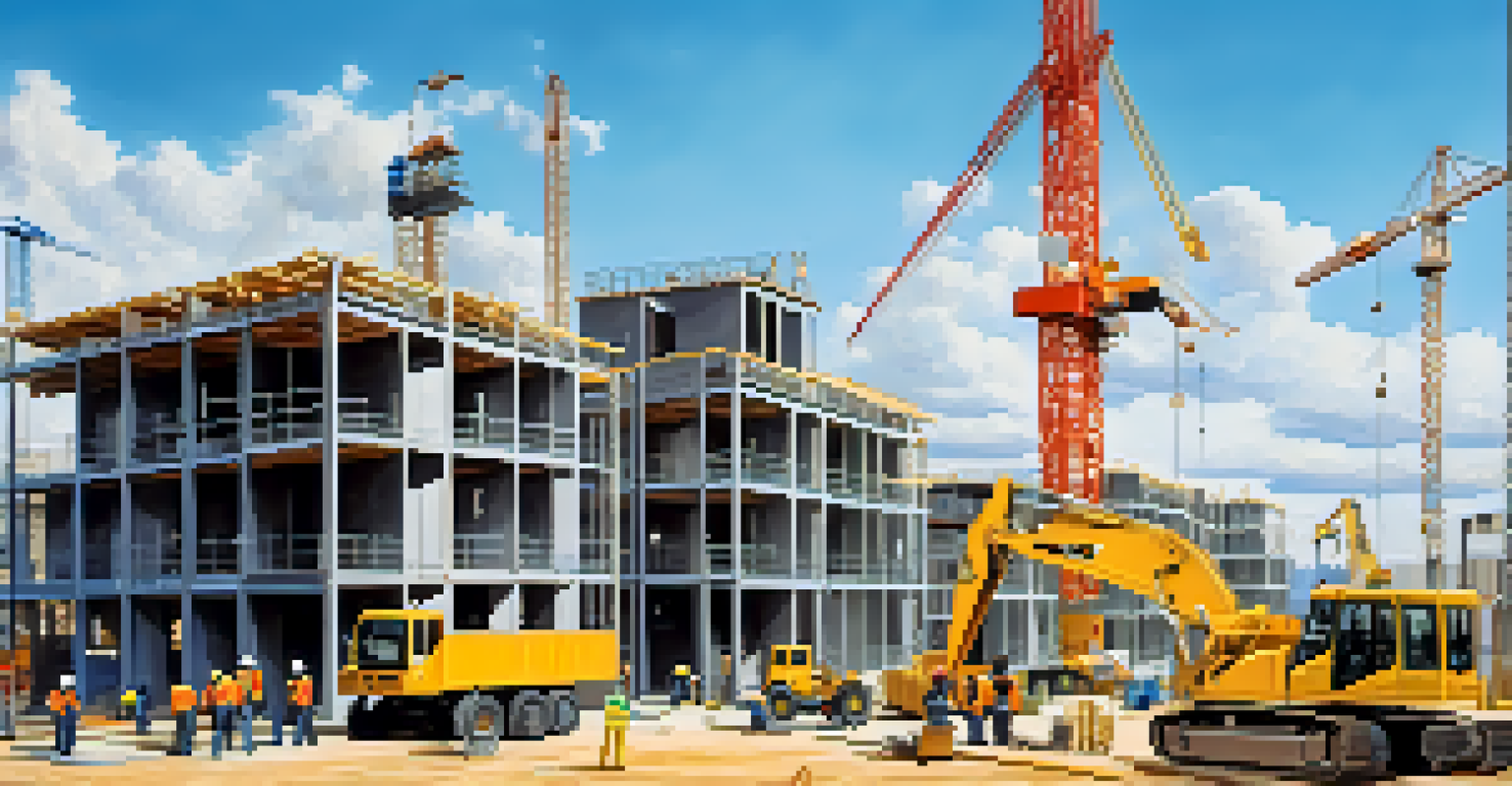 A vibrant modular housing construction site with workers assembling modern housing units under clear blue skies.