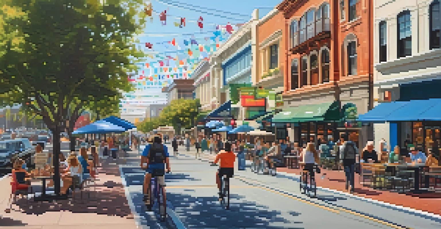 A lively street scene in San Jose with pedestrians, cyclists, and colorful storefronts, showcasing a vibrant urban life.