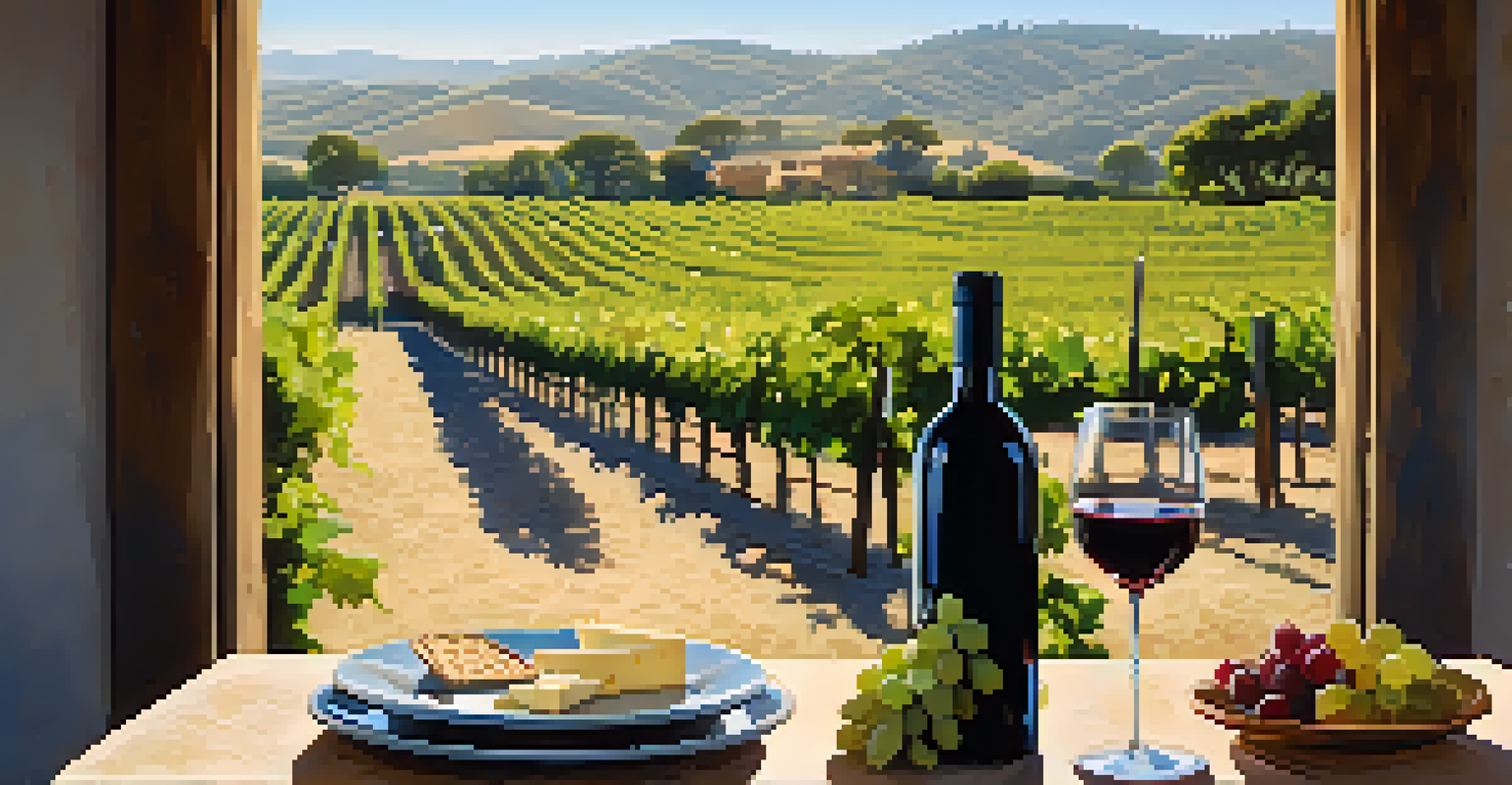 A serene vineyard in Santa Clara Valley with a table set for wine tasting and artisan cheese.