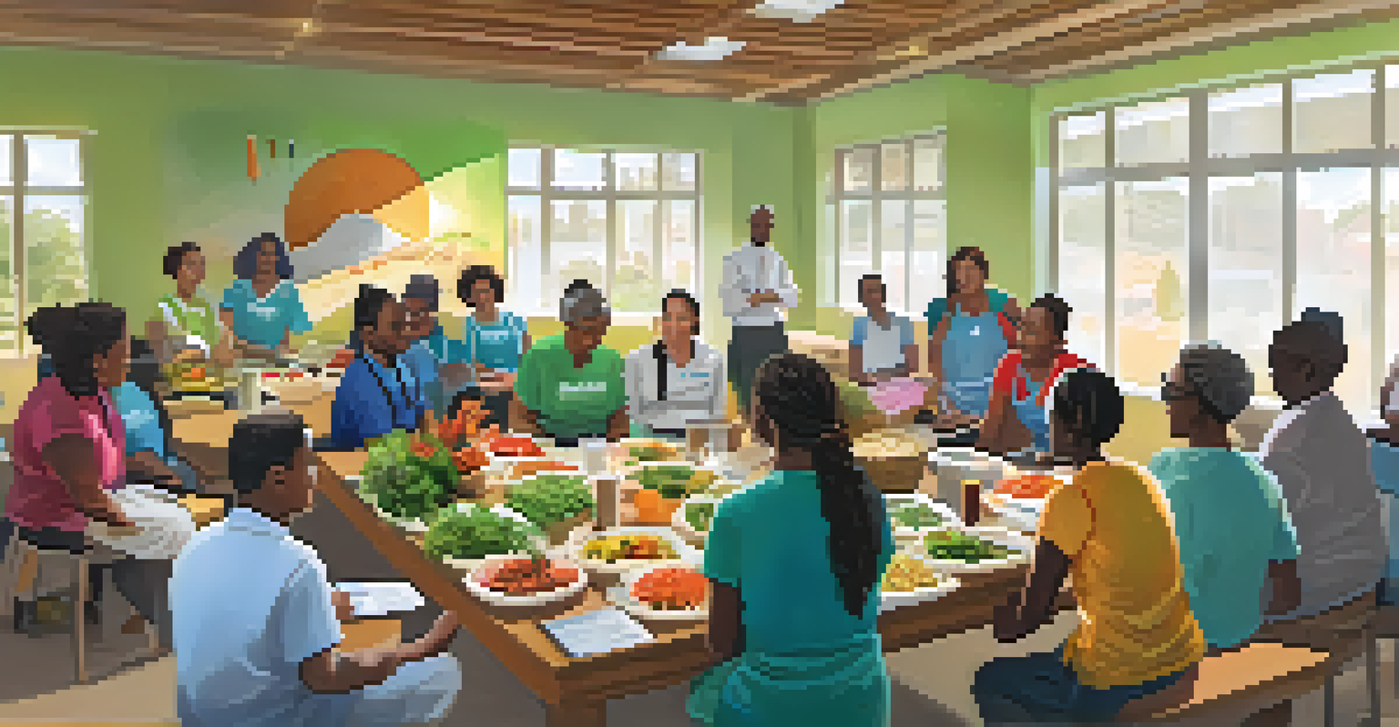 A health education workshop with diverse participants learning about healthy cooking techniques in a bright community center.
