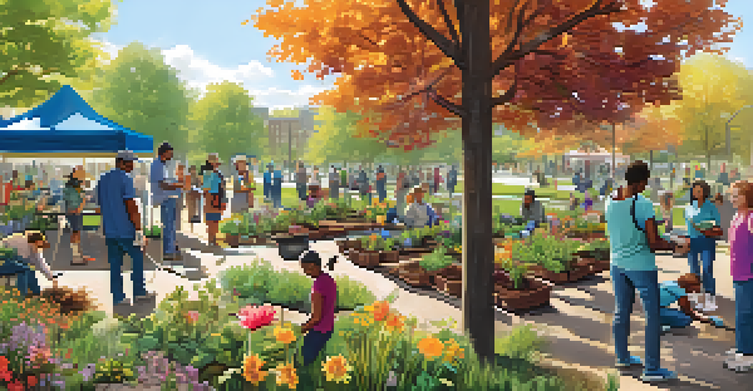 Community members participating in a planting event in a vibrant urban park under a sunny sky.