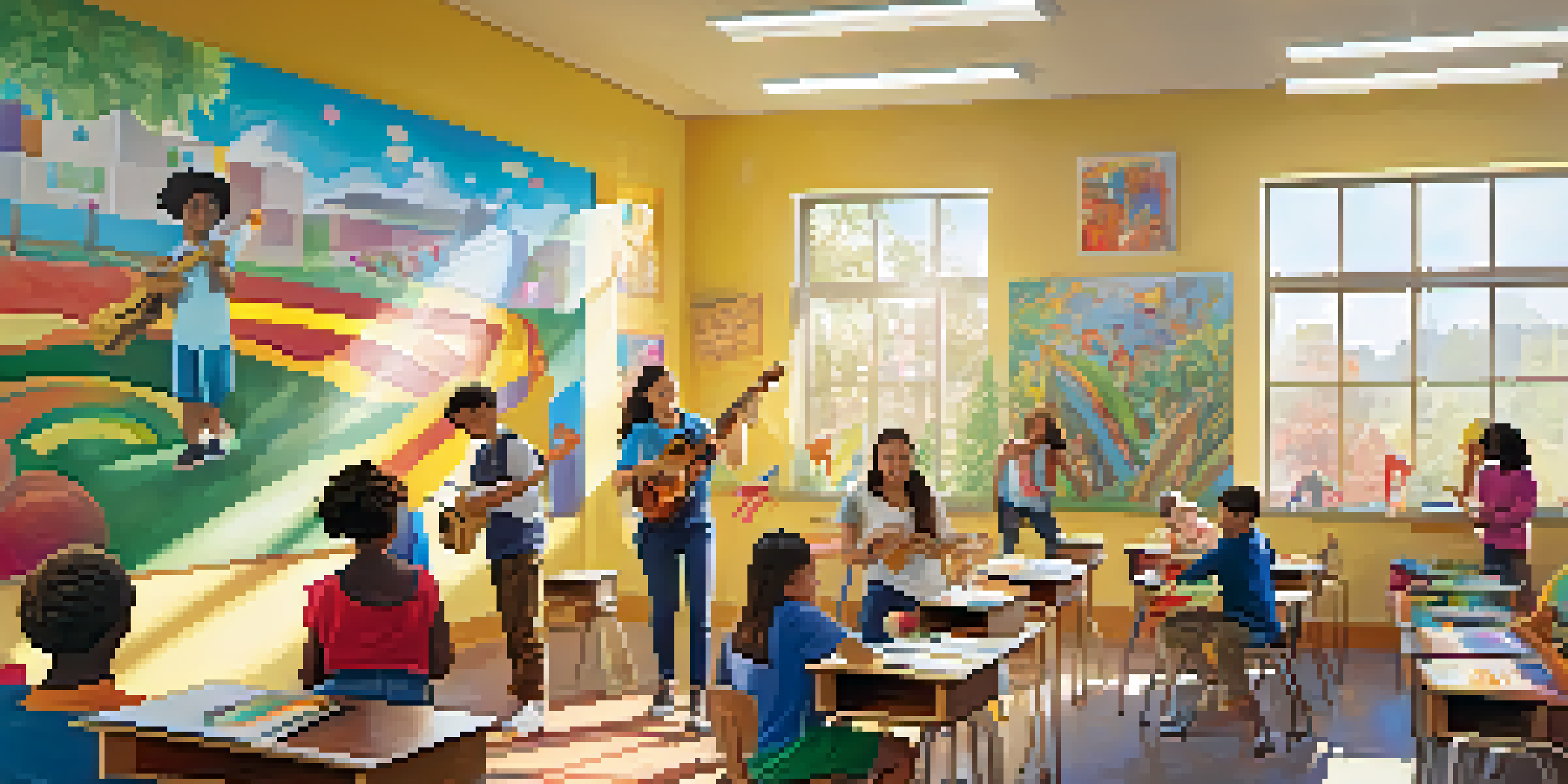 A lively classroom filled with students of diverse backgrounds participating in arts activities, including painting and music, under bright sunlight.