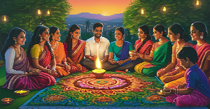 Families celebrating Diwali in San Jose, lighting oil lamps and creating colorful rangoli designs, with twinkling lights and decorations around them.