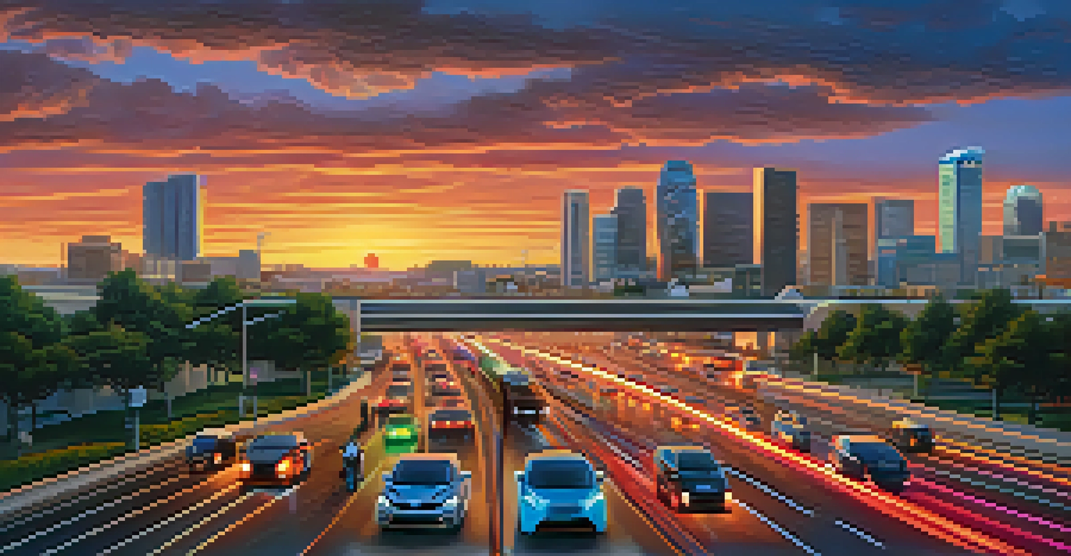A modern skyline of San Jose at dusk, highlighting illuminated buildings, electric vehicles, and smart technology, bathed in the warm glow of a sunset.