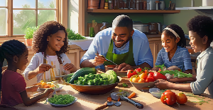 A diverse family participating in a cooking class, surrounded by fresh ingredients and cooking tools, with sunlight illuminating the warm kitchen.