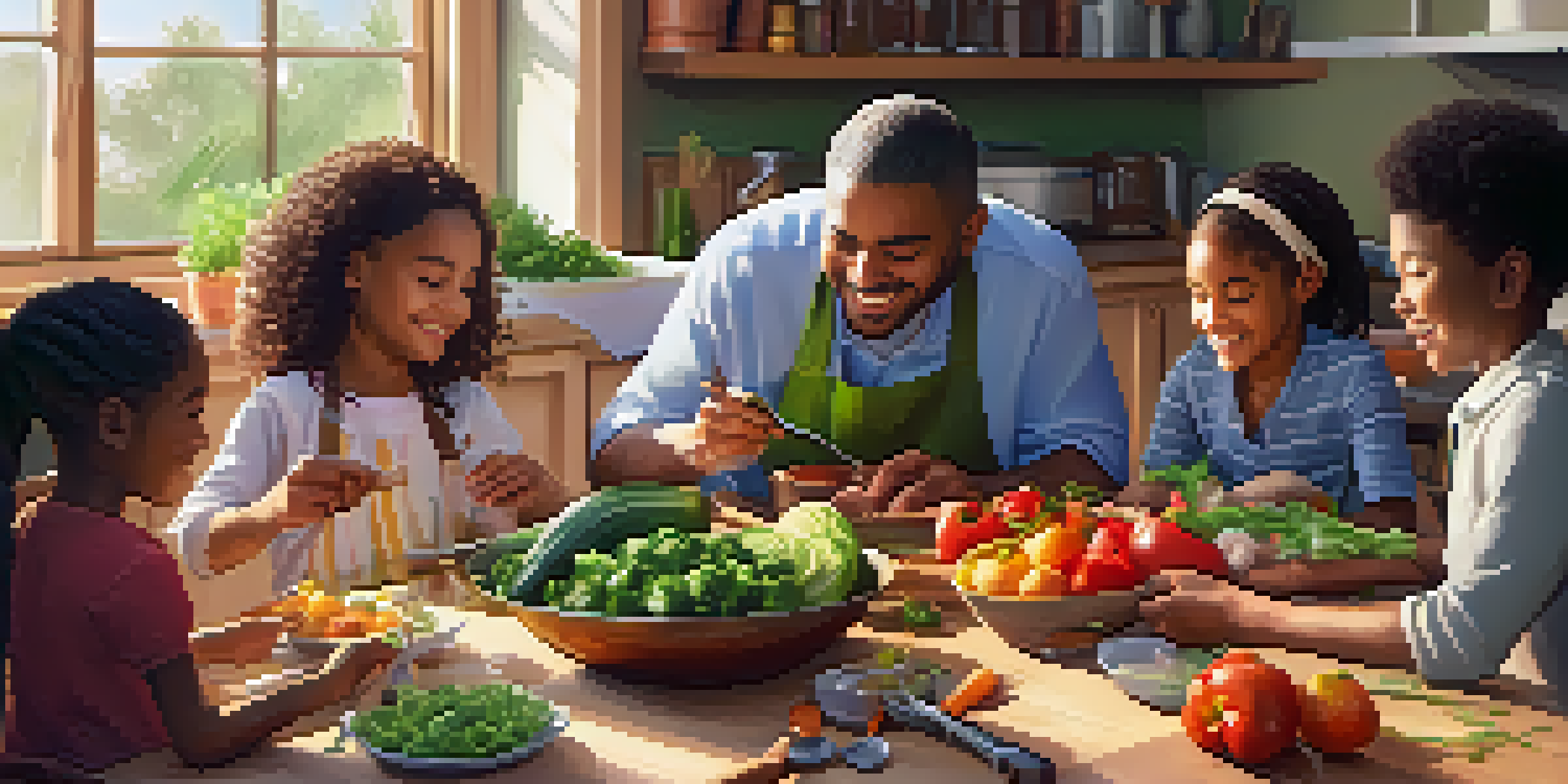 A diverse family participating in a cooking class, surrounded by fresh ingredients and cooking tools, with sunlight illuminating the warm kitchen.