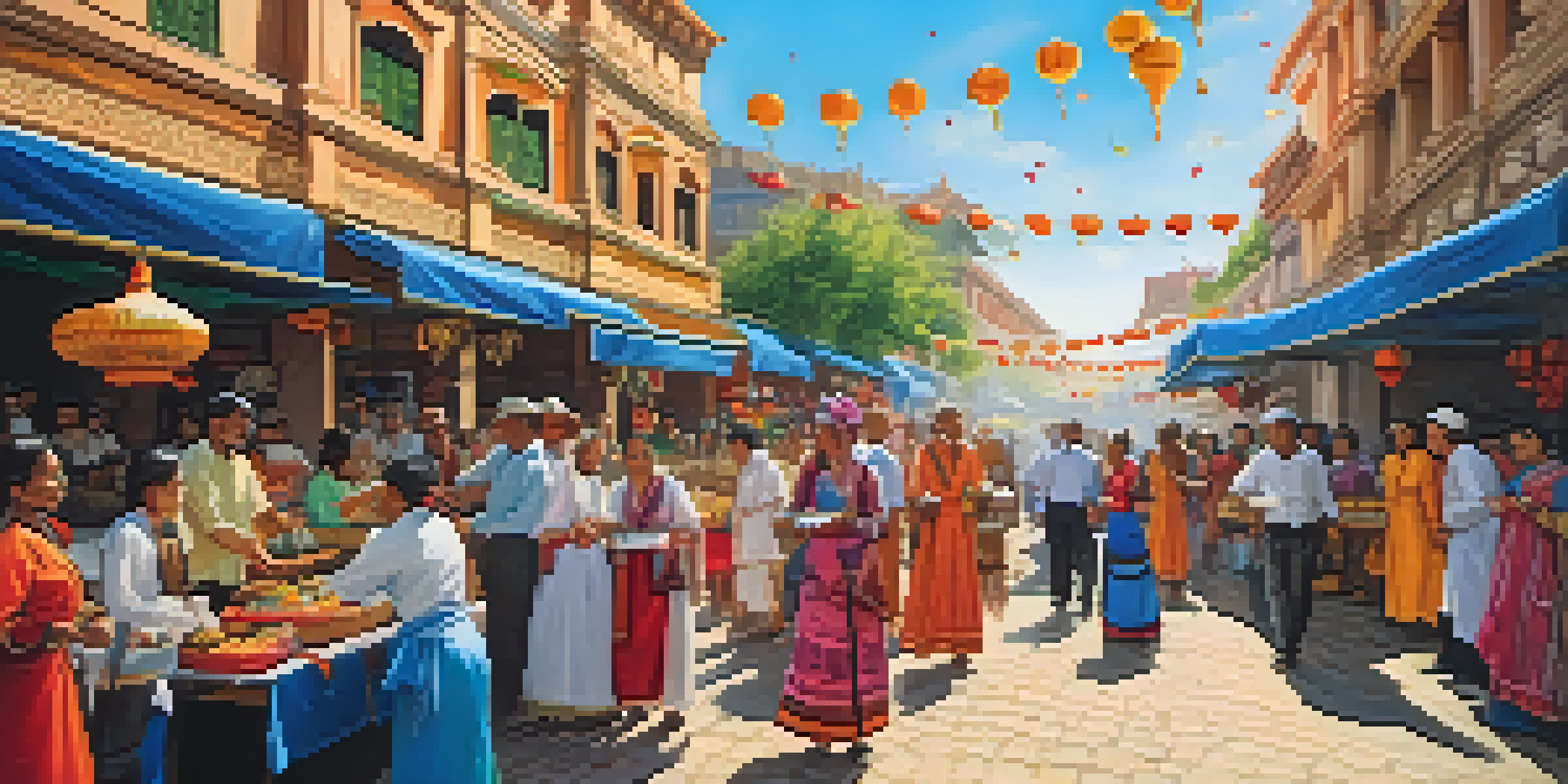 A lively street scene at a cultural festival, featuring people in traditional attire, colorful decorations, and food stalls near historical buildings.