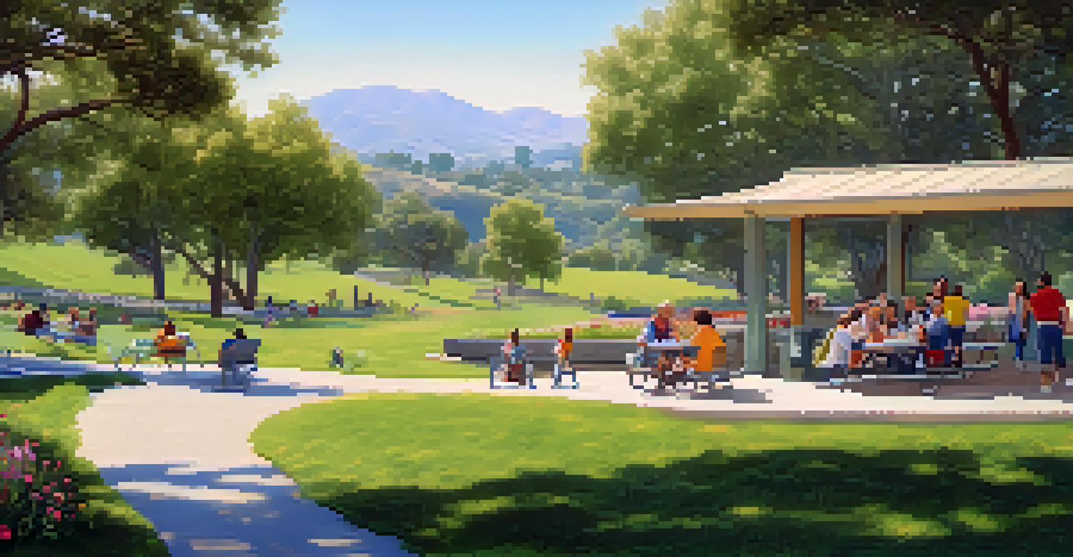 A family having a picnic at Alum Rock Park, with an accessible restroom in the background featuring user-friendly design elements.