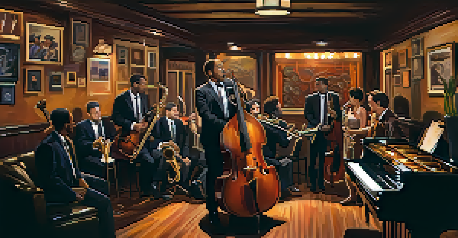 An interior view of a cozy jazz club in San Jose featuring musicians performing on stage with an engaged audience.