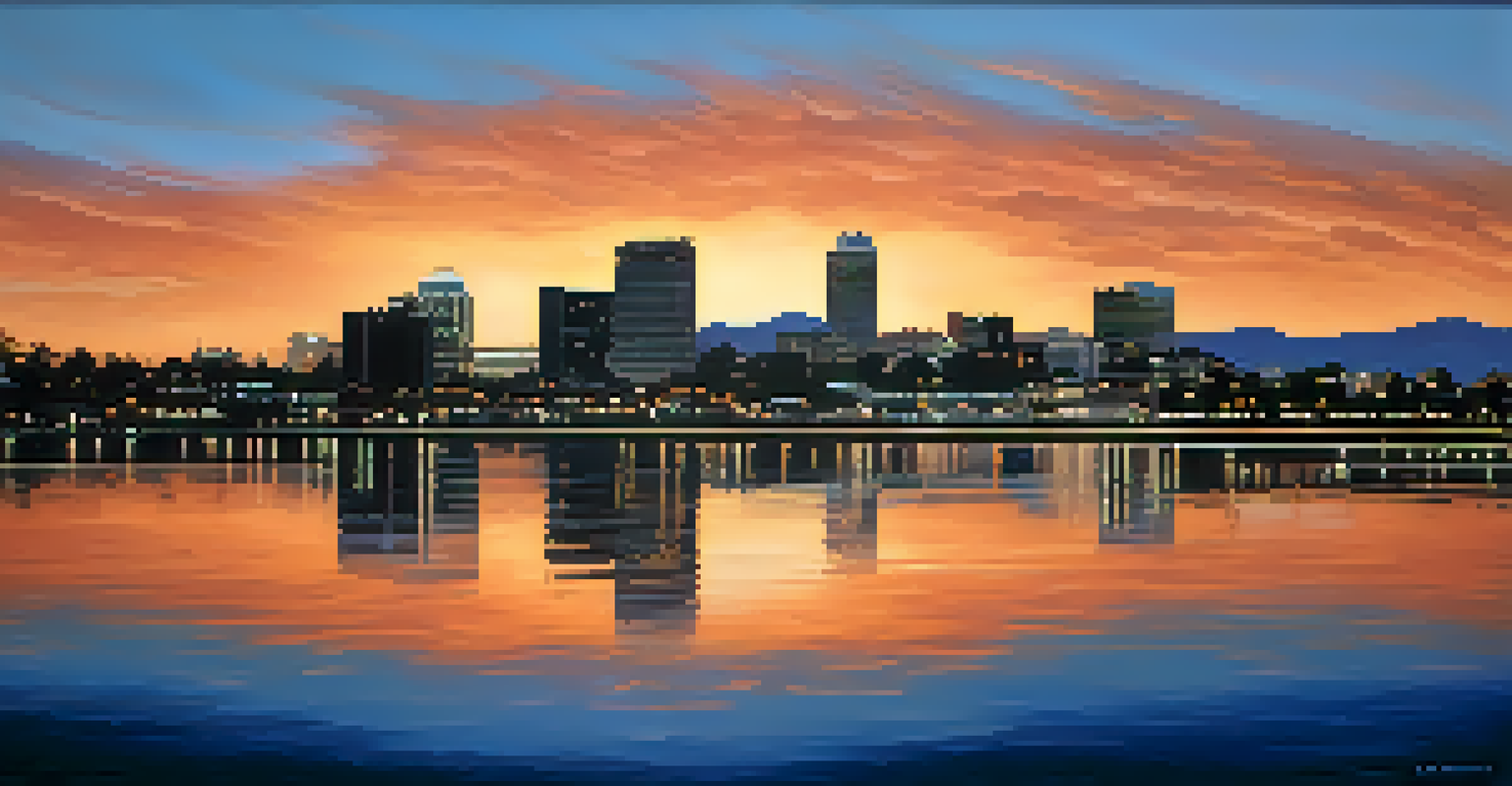 A sunset panorama of San Jose's skyline, showcasing a colorful sky and the silhouette of the city's buildings reflecting in water.