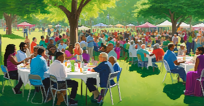 A diverse group of people having a town hall meeting in a park, with colorful banners and tables, amidst greenery and flowers.