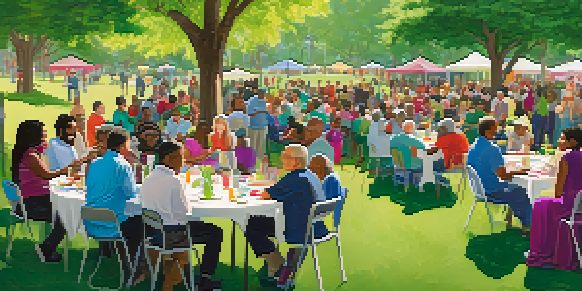 A diverse group of people having a town hall meeting in a park, with colorful banners and tables, amidst greenery and flowers.